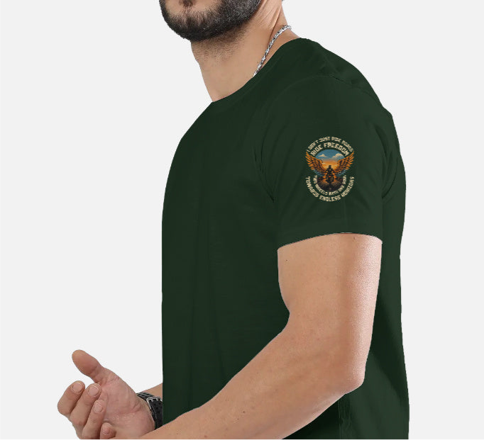 Ride Freedom” Biker Graphic T-Shirt – Full Back Print + Sleeve & Pocket Print (Unisex, 100% Cotton, 180 GSM)