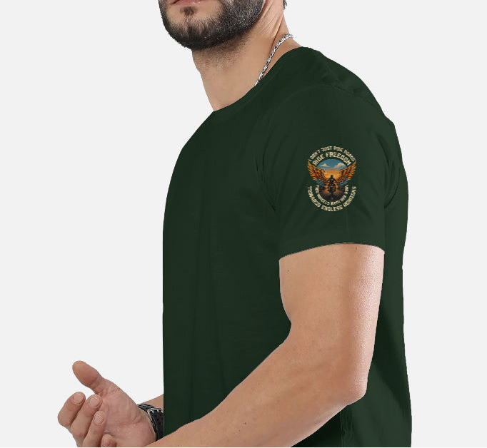 Ride Freedom” Biker Graphic T-Shirt – Full Back Print + Sleeve & Pocket Print (Unisex, 100% Cotton, 180 GSM)