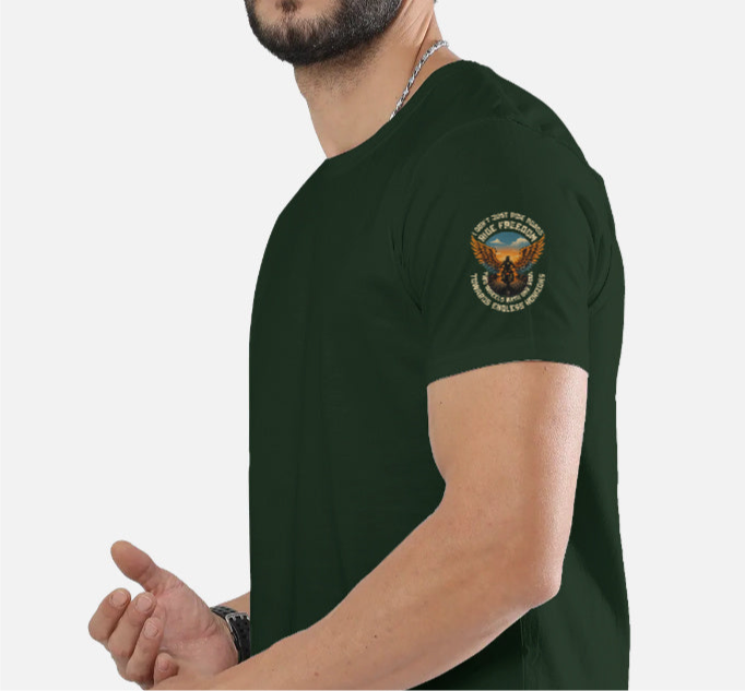Ride Freedom” Biker Graphic T-Shirt – Full Back Print + Sleeve & Pocket Print (Unisex, 100% Cotton, 180 GSM)