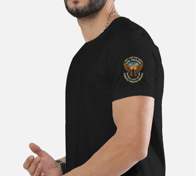 Ride Freedom” Biker Graphic T-Shirt – Full Back Print + Sleeve & Pocket Print (Unisex, 100% Cotton, 180 GSM)