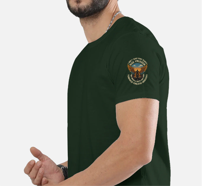 Ride Freedom” Biker Graphic T-Shirt – Full Back Print + Sleeve & Pocket Print (Unisex, 100% Cotton, 180 GSM)