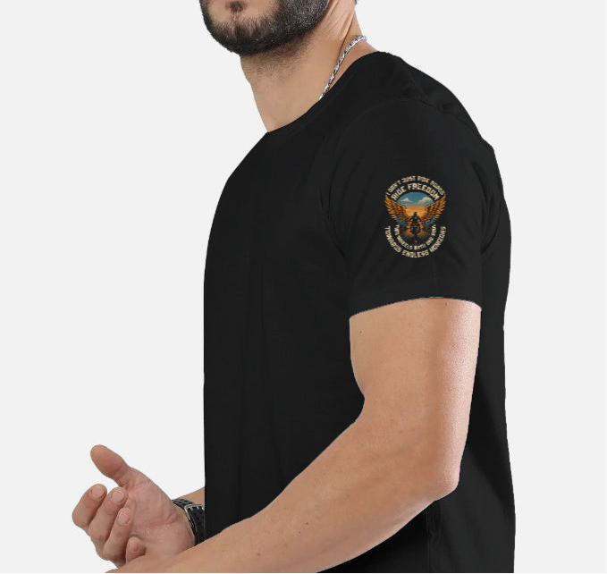 Ride Freedom” Biker Graphic T-Shirt – Full Back Print + Sleeve & Pocket Print (Unisex, 100% Cotton, 180 GSM)