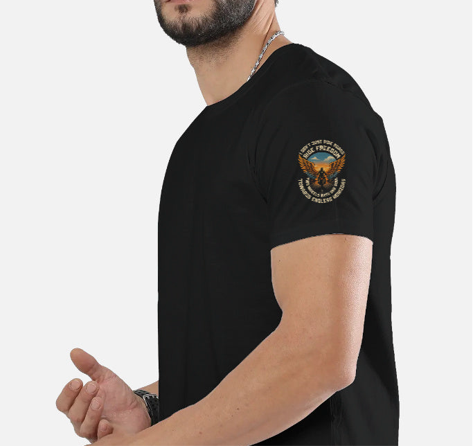 Ride Freedom” Biker Graphic T-Shirt – Full Back Print + Sleeve & Pocket Print (Unisex, 100% Cotton, 180 GSM)