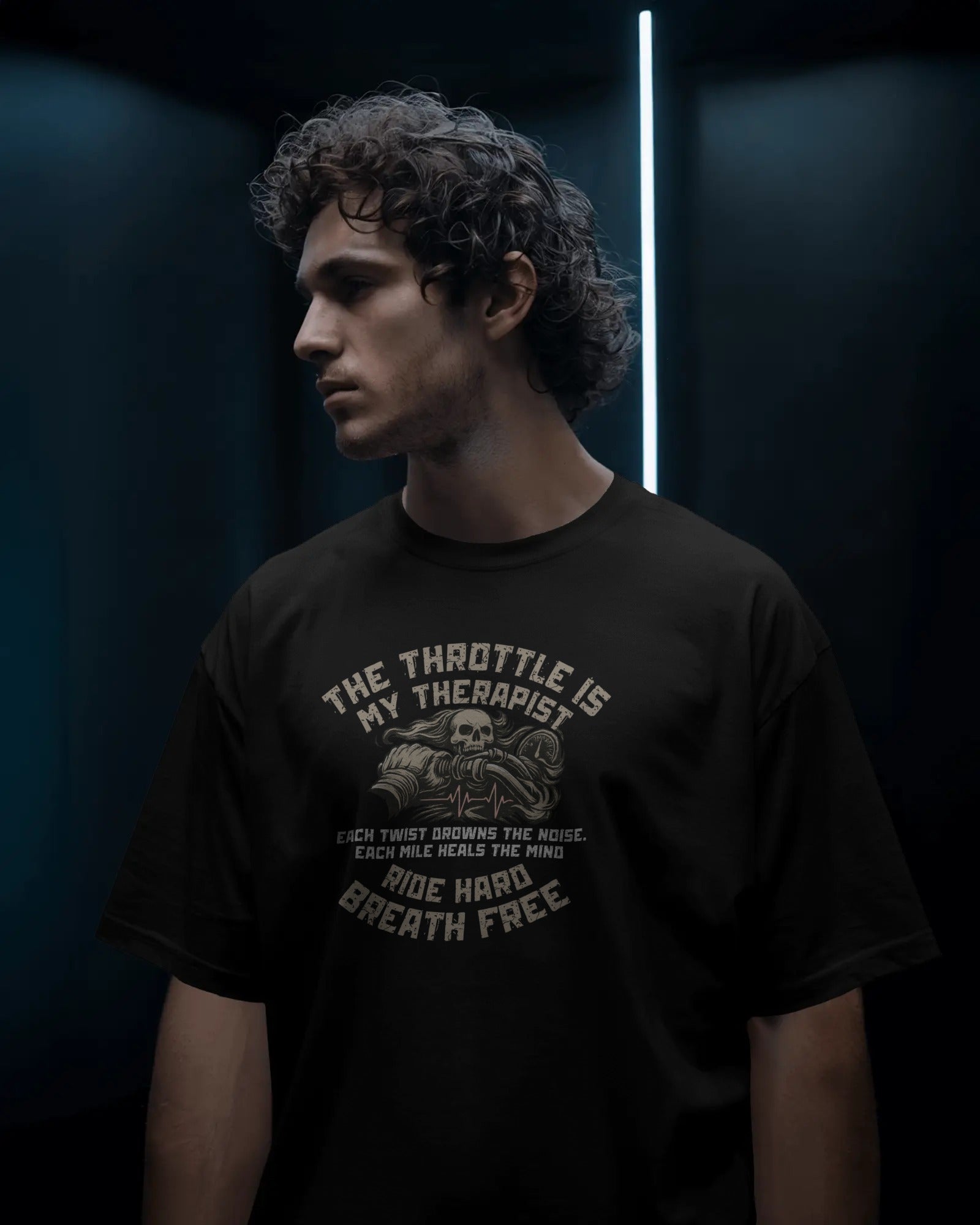 The Throttle is My Therapist” Oversized Biker T-Shirt (Unisex, 240 GSM Cotton)