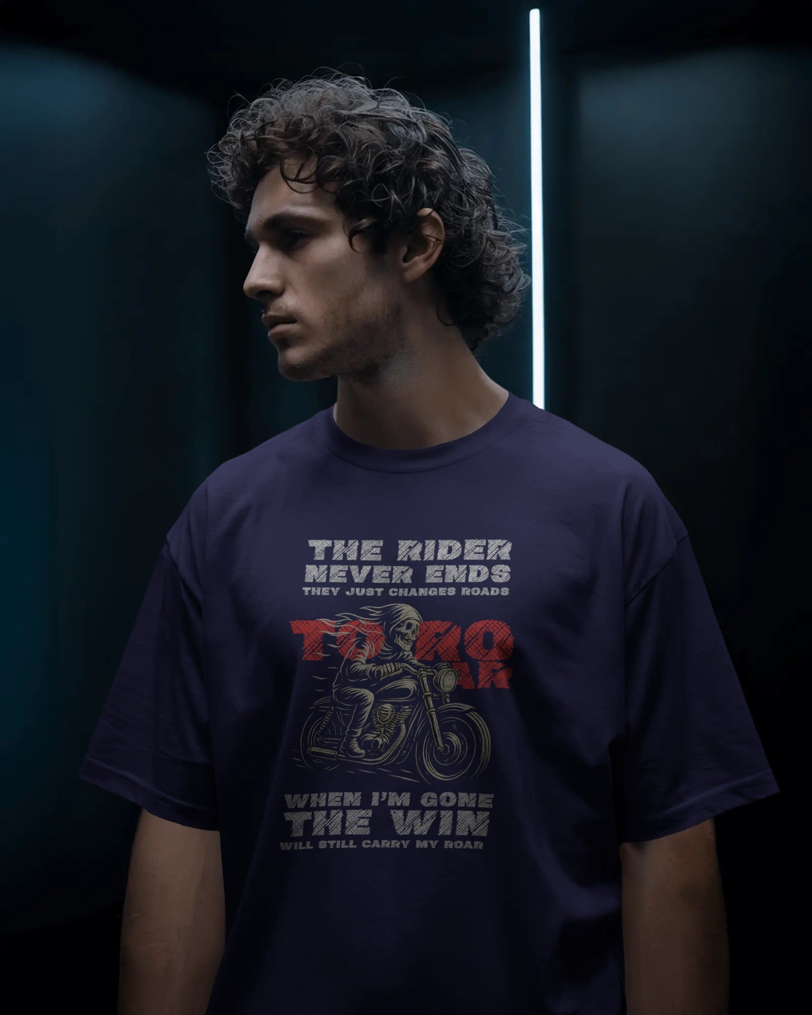 The Rider Never Ends” Skull Biker Graphic T-Shirt (Unisex, 100% Cotton, 180 GSM)
