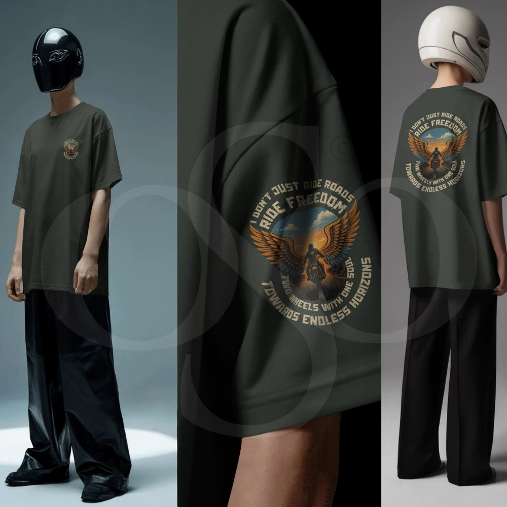 Ride Freedom” Biker Graphic T-Shirt – Full Back Print + Sleeve & Pocket Print (Unisex, 100% Cotton, 180 GSM)