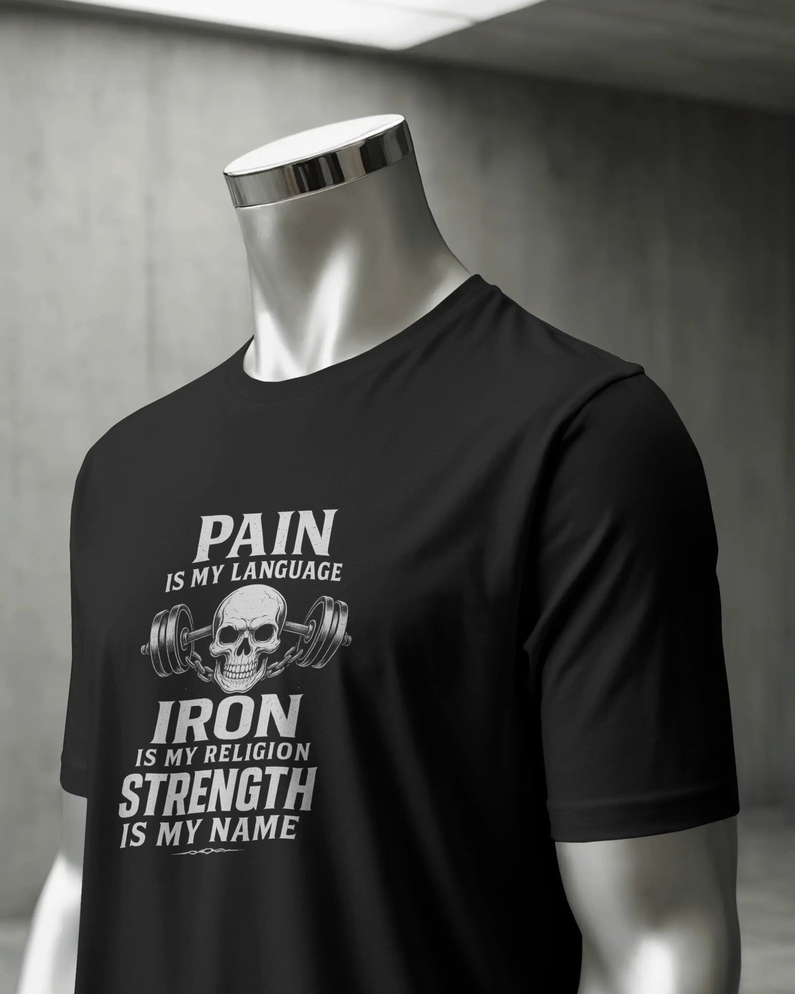 Pain is My Language, Iron is My Religion” Graphic Gym T-Shirt (Unisex, 180 GSM Poly-Cotton)